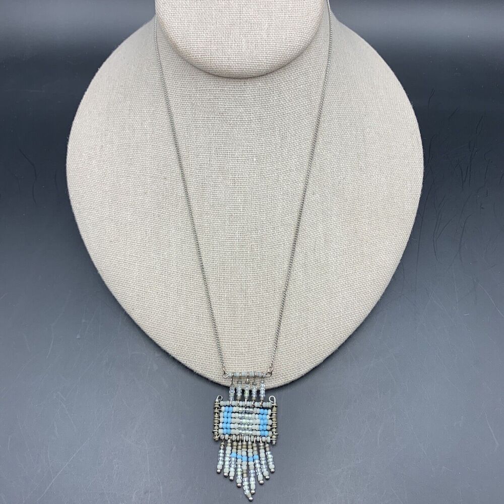 American Eagle Boho Necklace Fringe Beaded Pendant Silver Tone Blue AEO